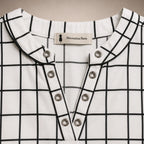 Blouse Carreaux Col V & Œillets Strass Argentés
