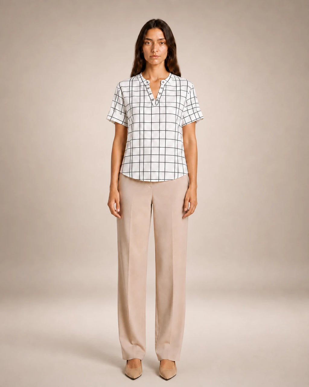 Blouse Carreaux Col V & Œillets Strass Argentés