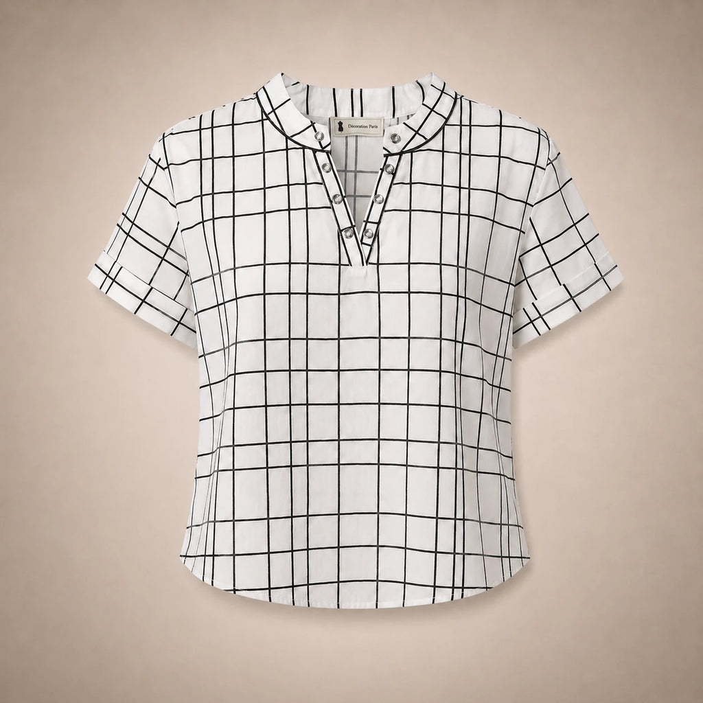 Blouse Carreaux Col V & Œillets Strass Argentés