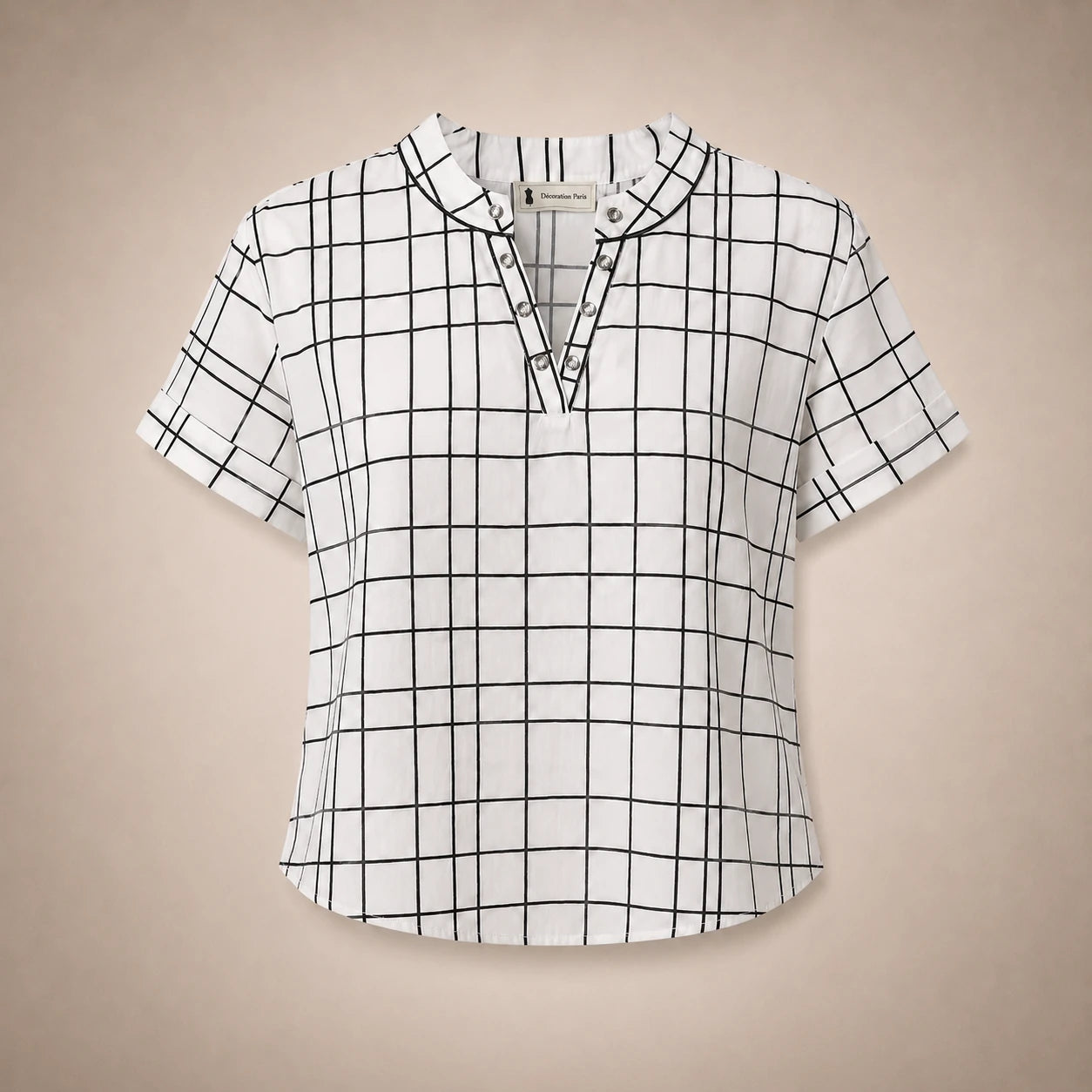 Blouse Carreaux Col V & Œillets Strass Argentés