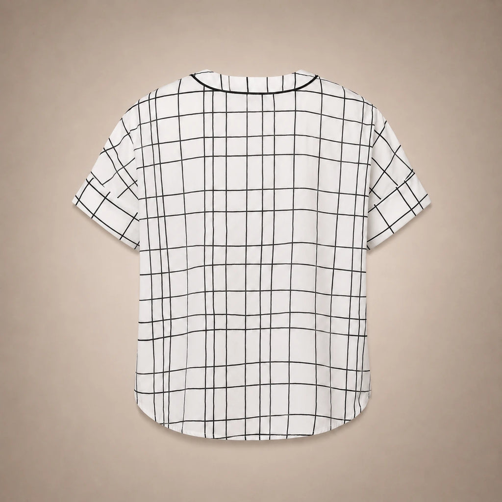 Blouse Carreaux Col V & Œillets Strass Argentés